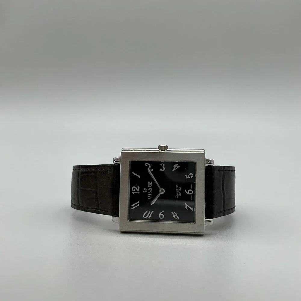 Visage Womens Watch 29mm Black Square Dial Brown Leather Band New Battery
